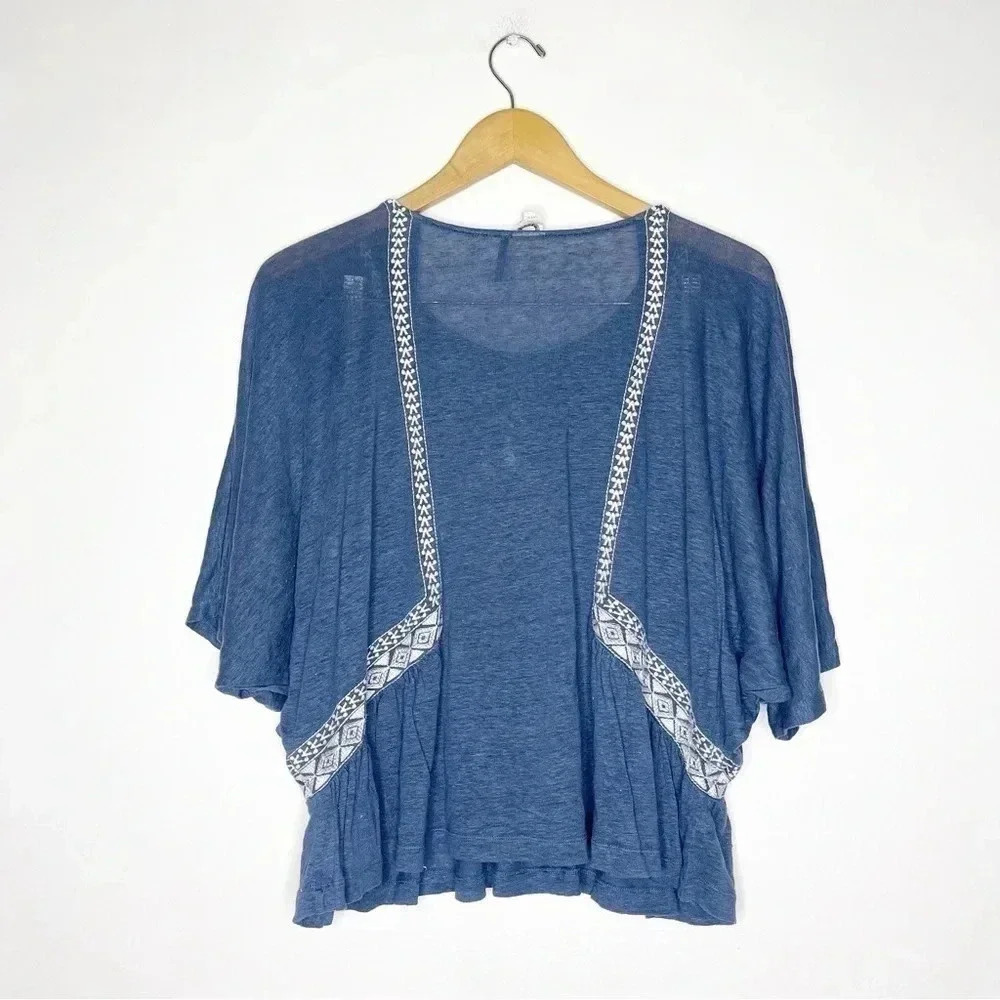 Akemi + Kin Anthropologie Shirt Blue Linen Crop Blouse Size Small - Picture 7 of 8